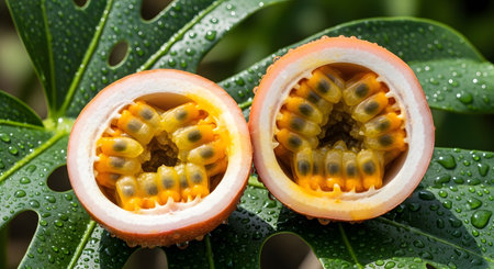 Two passion fruit halves showing the seeds and pulp. Tropical background with lush green leaves and dew drops. AI Generative AI generatedの素材
