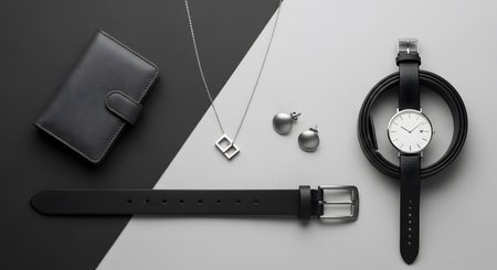 Flat lay arrangement of black leather wallet jewelry belt watch. Contemporary design in black and white background. Elegant accessories set. AI Generative AI generatedの素材