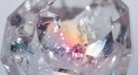 Close up view of clear quartz crystal. Gemstone mineral with intricate texture. Bright healing stone for meditation and energy work with internal reflections. AI Generative AI generatedの素材