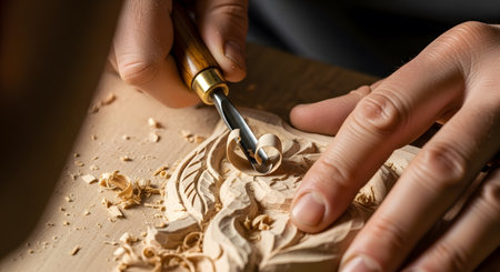 Wood carving close up detail. Craft handmade art creation project. Skilled artisan chiseling wood to create intricate pattern. Close up of carving art detail and woodworking project. AI Generative AI generatedの素材