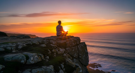 Silhouette of person meditating on cliff at sunset by ocean for peace and serenity. Contemplative mindfulness nature relaxation background wallpaper AI Generative AI generatedの素材