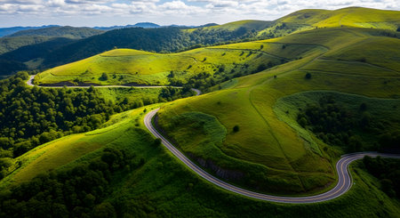 Winding asphalt road through green rolling hills. Serpentine scenery of nature in summertime. Beautiful landscape with trees and forest. Outdoor adventure and travel destination. AI Generative AI generatedの素材