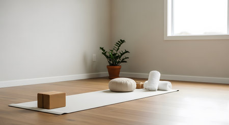 Minimalist yoga studio with yoga mat, block, bolster, meditation cushion. Calm, clean and bright space for fitness workout. Indoor area for relaxation. Wellbeing and healthy lifestyle concept. AI Generative AI generatedの素材
