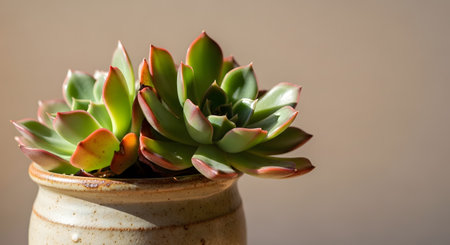 Close up of echeveria succulent in ceramic pot with sunlight. Indoor still life of natural light on green plant with neutral background. AI Generative AI generatedの素材