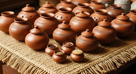 Collection of handmade clay pots and pottery on display. Traditional craftsmanship and art. Ceramic, earthenware, terracotta. Folk art. Rustic texture table cover. AI Generative AI generatedの素材