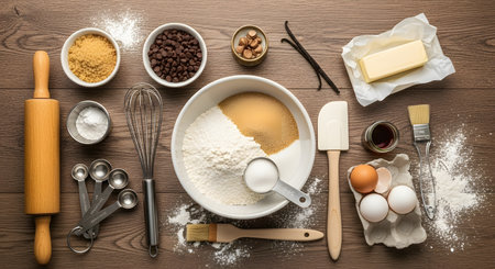 Baking ingredients in flat lay composition on rustic wooden background. Flour, sugar, butter, eggs and other baking essentials. Kitchen food preparation flatlay concept. AI Generative AI generatedの素材