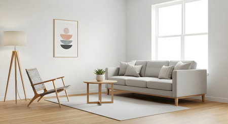 Contemporary interior showcases sofa and chair with subtle wooden accents. Room filled with soft light. Features minimalist design with neutral colors and geometric artwork. AI Generative AI generatedの素材