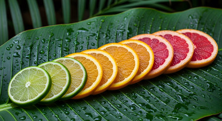 Assorted citrus slices on banana leaf in tropical setting. Vibrant lime, orange, grapefruit, and red orange pieces arranged for fresh healthy food concept. Wet leaf background. AI Generative AI generatedの素材