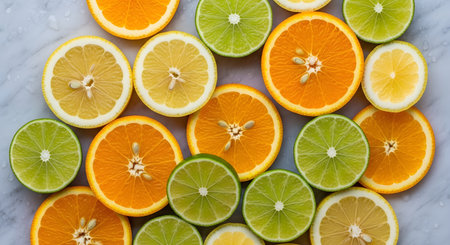 Close up top view of sliced fresh citrus fruits assortment. Orange, lemon, lime fruit for juice or cocktail background for a refreshing healthy drink. AI Generative AI generatedの素材