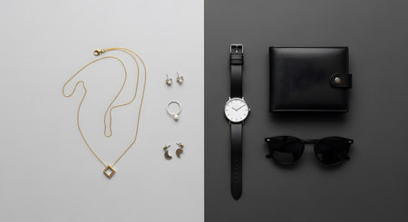 Accessories like jewelry watch wallet and sunglasses for minimalist style concept. Flat lay items on separate gray and black surfaces with men collection. AI Generative AI generatedの素材