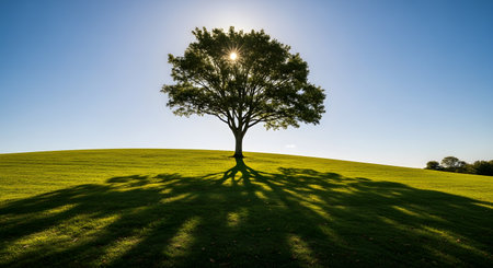Scenic view of single tree standing on green hill set against vibrant blue sky. Tree silhouette casting long shadow over grassy landscape on sunny day. AI Generative AI generatedの素材