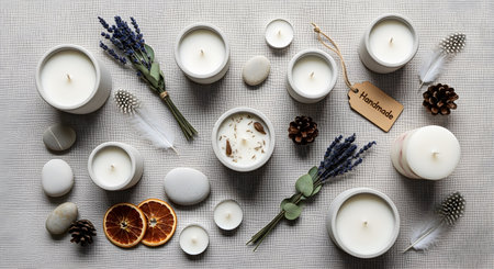Various handmade candles with lavender, orange slices, pine cones, and feathers arranged on linen texture. Natural, aromatherapy, spa, or meditation concept. Top-down arrangement. AI Generative AI generatedの素材