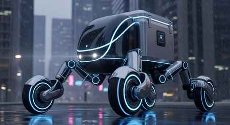 Autonomous delivery robot in futuristic urban environment. Delivery vehicle on city street during rain. Self driving transportation in the rain. Future robotic technology for delivery. AI Generative AI generatedの素材