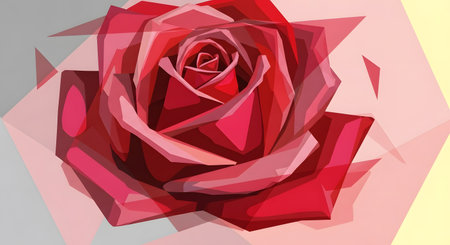 Geometric rose design in various shades of red. Contemporary artistic creation perfect for modern backgrounds, wallpapers, posters. Abstract floral illustration with polygonal shapes. AI Generative AI generatedの素材