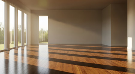 Sunlight shining through windows in empty room. Interior features wood floor, casting shadows. Clean backdrop ideal for staging concepts and showcasing architectural details of space.の素材