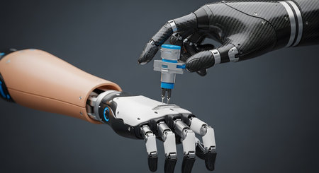 Observe close up prosthetic hands expertly manipulating tool over a shaded backdrop. Highlighting rehabilitation technology and healthcare solutions.の素材