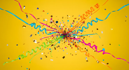 Celebration background with confetti and colorful ribbons on yellow backdrop. Joyful decoration with falling confetti and colorful streamers for events and festivals. Abstract holiday template.の素材
