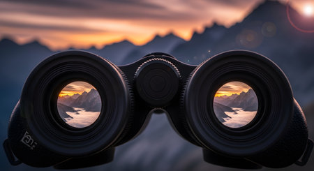 Binoculars at mountain range with sky, fog, and sunset scene. Concept of exploration, discovery, travel, or observation. Using optics to view landscape and outdoor scene. Adventure concept.の素材