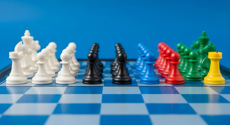 Chess board with pawns arranged by color in front of chess pieces. Chess board with pieces. Colorful pawns. Blue background. Strategy game. Board game concept.の素材