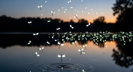 Dragonflies flying over pond during tranquil evening with clear reflection. Features many glowing dragonflies hovering over still water at dusk. Serene and natural scene.の素材