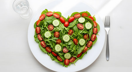 Fresh salad in heart shape with arugula, tomatoes, and cucumber. Vegetarian healthy meal for dieting, full of vitamins and healthy nutrition. Healthy lifestyle concept served on white plate.の素材
