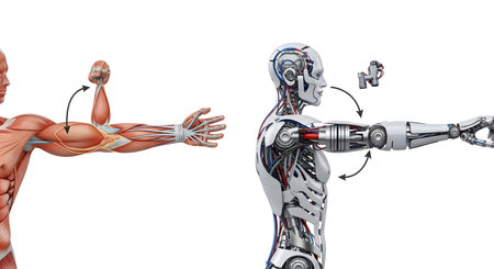 Comparison of human muscle system and robot mechanism for arm movement.  Concept of biomechanics, robotics, and artificial intelligence.  Side by side showing muscle versus machine.の素材