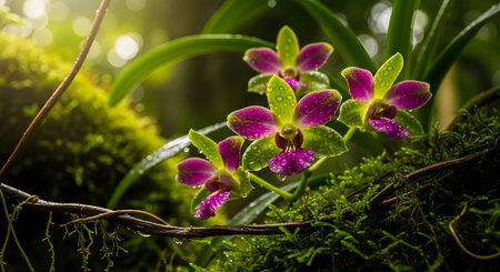 Experience beauty of blooming purple orchid flower, adorned with water droplets. Dew-kissed petals glisten in the light. Delicate floral in lush, green environment captured with macro lens.の素材