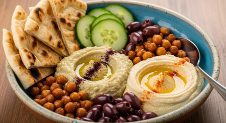 Hummus plate with pita bread cucumber olives and chickpeas in bowl. Middle eastern cuisine. Mediterranean appetizer. Vegetarian food. Healthy eating and delicious snack.の素材