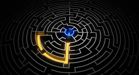 Labyrinth with solution route glowing light to central location. Path finds way through dark maze. Symbol for problem solving, strategy, mystery, and discovery.の素材