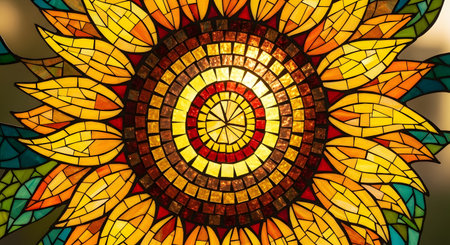 Stained glass art panel depicting sunflower. Features radial pattern design, vibrant colors, and delicate glasswork. Perfect as decorative element, showcasing artistry in light and color. Great for interior decoration, bringing floral touch. AI Generative AI generatedの素材