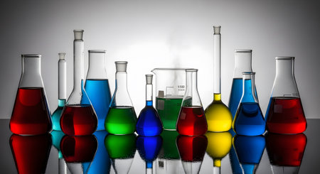 Rows of laboratory glassware filled with colorful chemicals. Science background with flask, beaker, test tube. Chemistry concept and scientific lab learning equipment. Various shaped glass containers.の素材