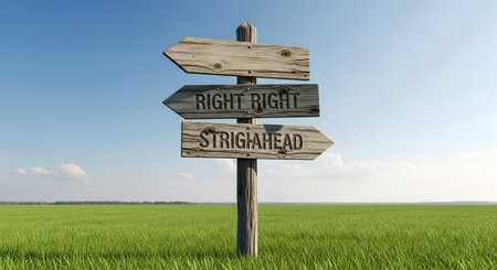Wooden signpost with directions on grass field under blue sky outdoor. Concept of choosing right path and making decisions. Sign with inscriptions pointing way forward on plain terrain.の素材