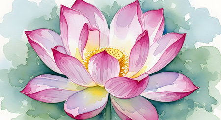Watercolor illustration of blooming lotus flower. Artistic blossom with pink and white petals. Elegant flower with green and blue watercolor background. Lotus painted in petal detail. AI Generative AI generatedの素材
