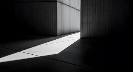 Sunlight streams through open space. Highlights geometric concrete shapes. Architectural detail emphasizes textures. Dark and light contrast with sunlight. Modern design and architecture concept.の素材
