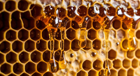 Close up of golden honey dripping down honeycomb filled with honey. It contains fresh organic honey with hexagonal structure pattern of wax cells. Focus on natural texture background dripping honey.の素材