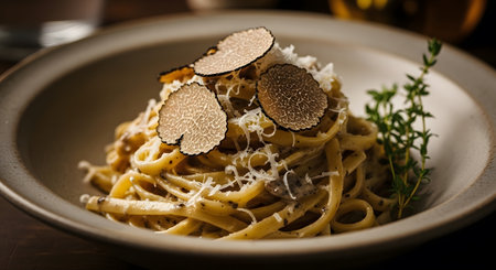 Indulge in fresh pasta topped with delicate truffle slices. Enhanced with grated parmesan and aromatic herbs, this culinary creation is both luxurious and delicious. Gourmet meal for you.の素材
