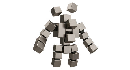 Abstract figure constructed of metal cubes floating in air. Man shape made of iron rectangles. Creative sculpture with geometric forms. 3d rendering of metallic figure on white backdrop.の素材