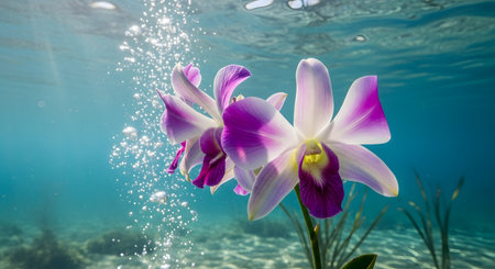 Underwater shot of orchid flower with rising bubbles in clear blue sea water. Beautiful floral scene with sunlight streaming through water. Nature and serenity captured.の素材