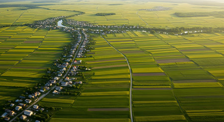 Aerial view of rural landscape with village, farmland, and agricultural fields. Scenic countryside with patchwork fields. Picturesque rural area from above landscape scenery. AI Generative AI generatedの素材