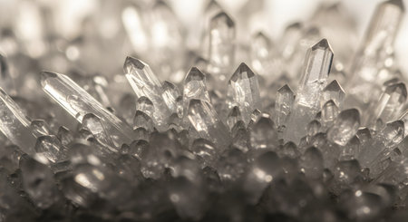 Closeup shot of quartz crystals. Formation gemstone mineral specimen display. Beauty of nature in crystal clear quartz stone formation. Decorative and healing cluster. AI Generative AI generatedの素材