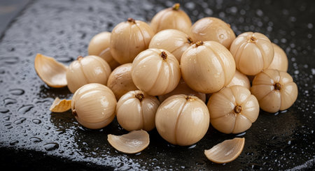 Close up pile of fresh longan fruits on a wet dark background. Exotic fruits, asian market, vegetarian food and snack concept. Healthy nutrition and tropical dessert.の素材
