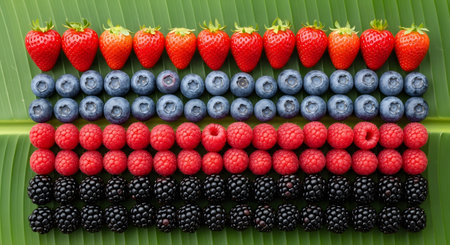 Rows of colorful berries arranged beautifully on a vibrant banana leaf. Assortment of fresh strawberries, blueberries, raspberries, and blackberries creating perfect sweet food pattern on green background. Healthy diet concept.の素材