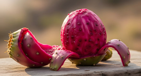 Fresh and healthy prickly pear fruit with green and red skin is on wooden board. Exotic fruit is peeled for consumption. Healthy lifestyle and vegetarian food.の素材