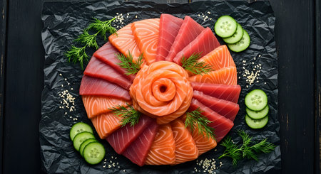 Salmon and tuna sashimi set with cucumber on a black background. Sashimi is thinly sliced raw seafood. Salmon and tuna sashimi is a popular dish in japanese cuisine. Healthy seafood.の素材