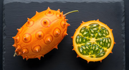 Horned melon presented with half cut on black slate background. Exotic fruit with orange skin and green jelly flesh. Studio shot highlights unique texture and vibrant color.の素材