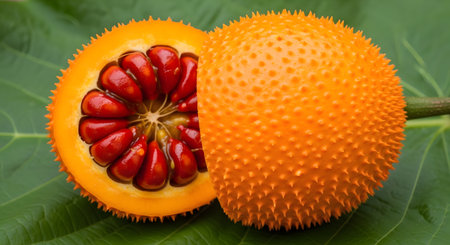 Gac fruit presented in half cut on green leaf in studio. Unique orange spiky skin with vibrant red seeds. Close up captures exotic nature of this superfood ingredient.の素材