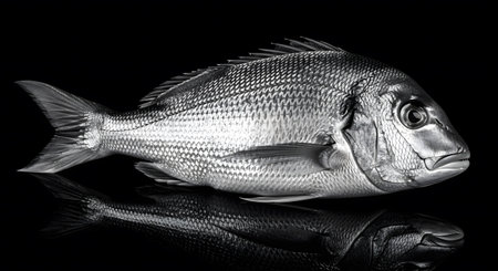 Silver porgy fish reflecting on black background. Sparidae is a type of marine bream, closeup view. Fresh seafood, gourmet ingredient, ocean animal, shiny, scales, raw, horizontalの素材