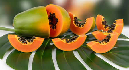Papaya fruit cut in slices displaying orange pulp with black seeds placed on green leaf. Tropical fruit is healthy, nutritious and delicious. Good source of fiber and vitamins.の素材