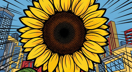 View of sunflower with buildings in city pop art style illustration. Bright colors and bold lines give modern and urban vibe. Perfect for posters and prints.の素材