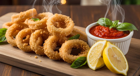 Golden crispy fried calamari rings served with marinara dipping sauce and fresh lemon wedges on wooden board. Appetizing seafood dish with refreshing taste. Ready to serve hot.の素材